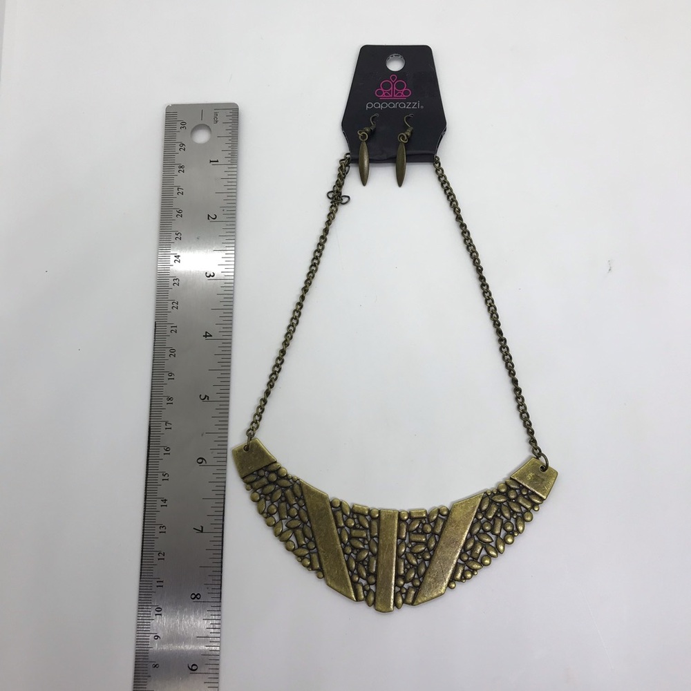 paparazzi necklace and earring set brass tone Bib Style
